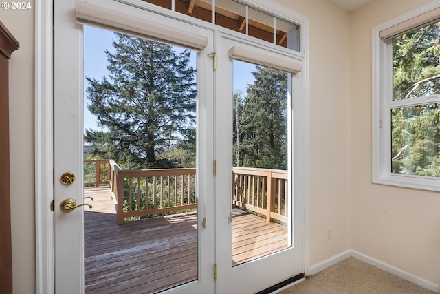 doorway to outside with a wealth of natural light and carpet