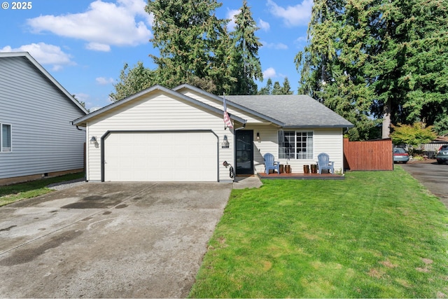 ranch-style house featuring a front lawn, fence, concrete driveway, roof with shingles, and a garage