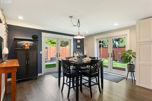 dining area featuring dark wood finished floors, french doors, and a wealth of natural light