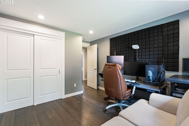 office space featuring recessed lighting, baseboards, and wood finished floors