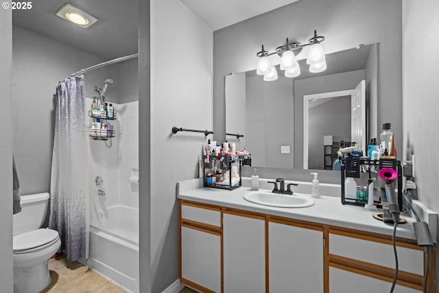 7143 SW Sagert St Unit 104, Tualatin, OR 97062 - bathroom featuring toilet, vanity, shower / bath combo with shower curtain, tile patterned floors, and a textured wall