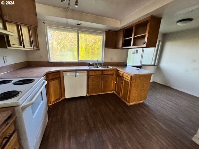 kitchen with dark hardwood / wood-style floors, sink, white appliances, and kitchen peninsula