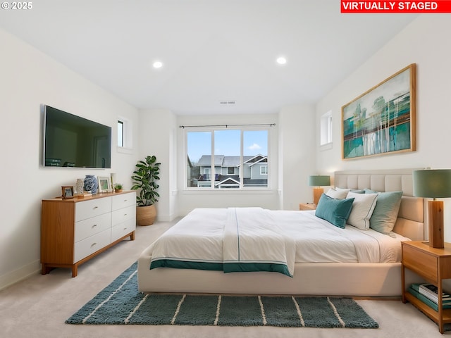 bedroom featuring baseboards, visible vents, carpet flooring, and recessed lighting