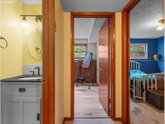 hall with light hardwood / wood-style floors, a textured ceiling, and sink