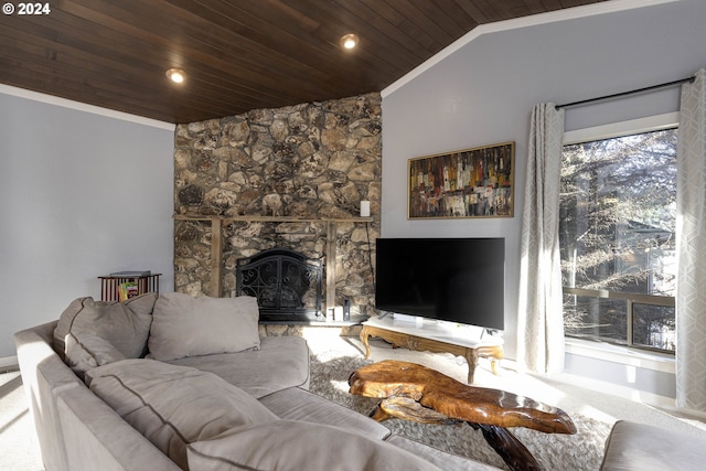 living room featuring a fireplace, wooden ceiling, lofted ceiling, and ornamental molding