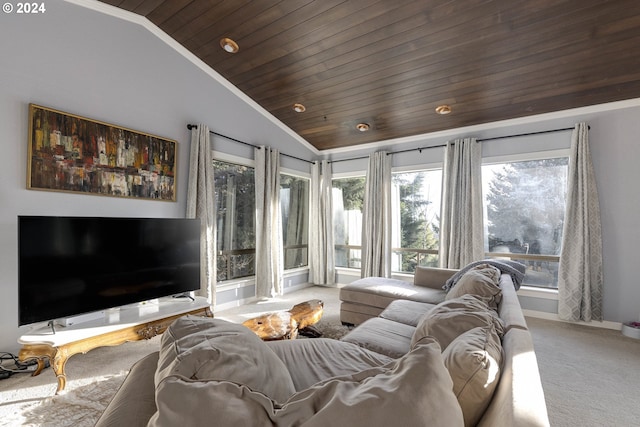 living room featuring carpet, lofted ceiling, and wood ceiling