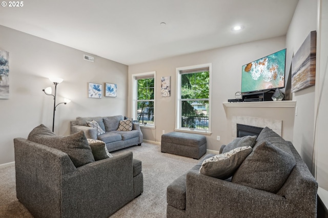 living room featuring a fireplace and light carpet