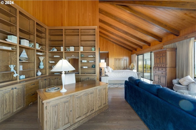 bedroom featuring beamed ceiling, dark hardwood / wood-style flooring, and wooden walls