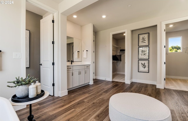 bathroom with vanity and hardwood / wood-style flooring