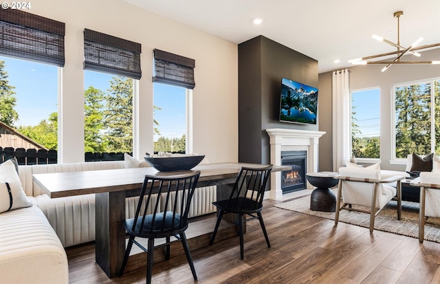 dining space with hardwood / wood-style floors and a notable chandelier