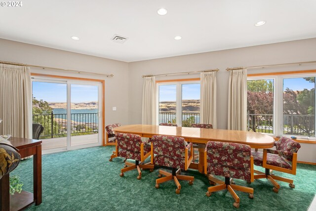 dining room with carpet, a water view, and a wealth of natural light