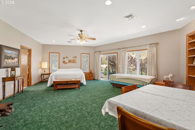 bedroom with access to exterior, ceiling fan, and carpet floors