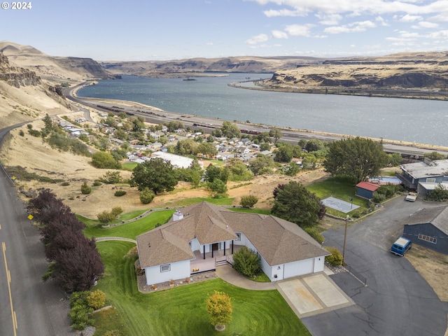 aerial view featuring a water view