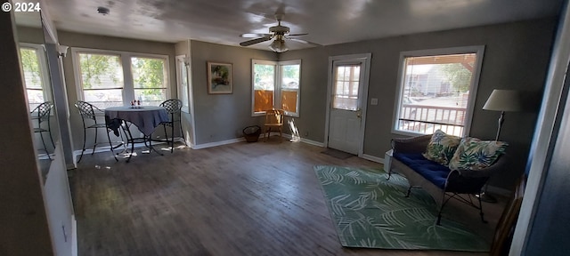 interior space featuring dark hardwood / wood-style flooring, ceiling fan, and a healthy amount of sunlight