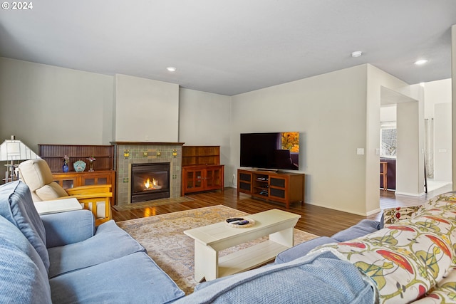 living room featuring a fireplace and dark hardwood / wood-style floors