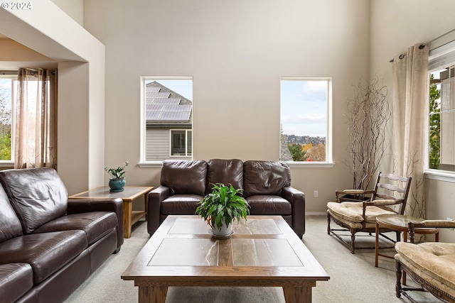 living room featuring light colored carpet and a high ceiling