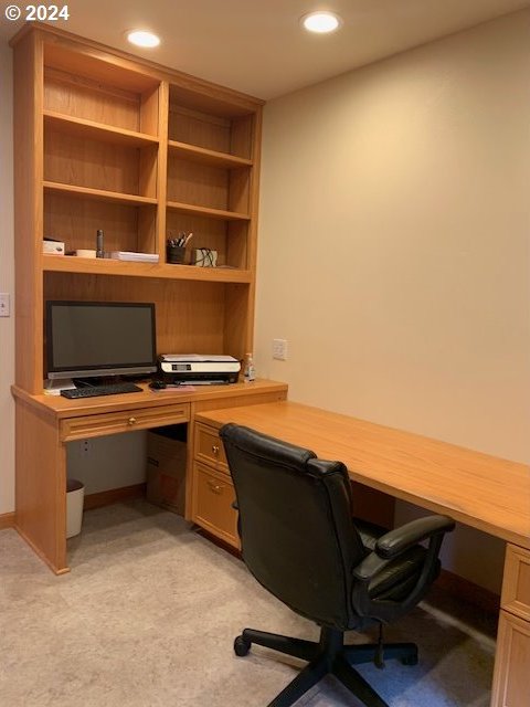 home office featuring light colored carpet