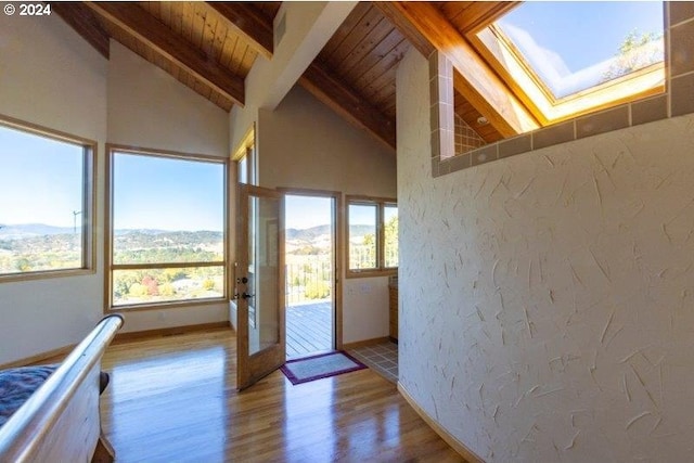 doorway featuring a skylight, beamed ceiling, a healthy amount of sunlight, and wood-type flooring