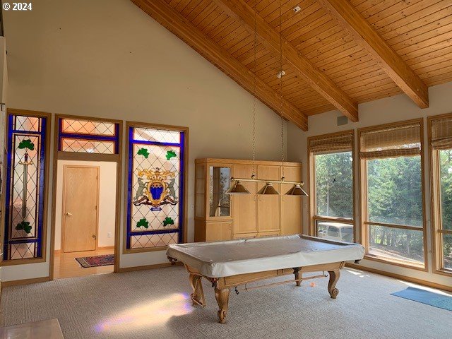 recreation room featuring wood ceiling, high vaulted ceiling, billiards, and beamed ceiling