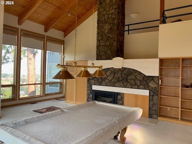 game room featuring wood ceiling, high vaulted ceiling, billiards, and carpet