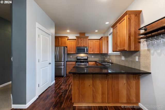 kitchen with backsplash, appliances with stainless steel finishes, dark hardwood / wood-style floors, sink, and kitchen peninsula