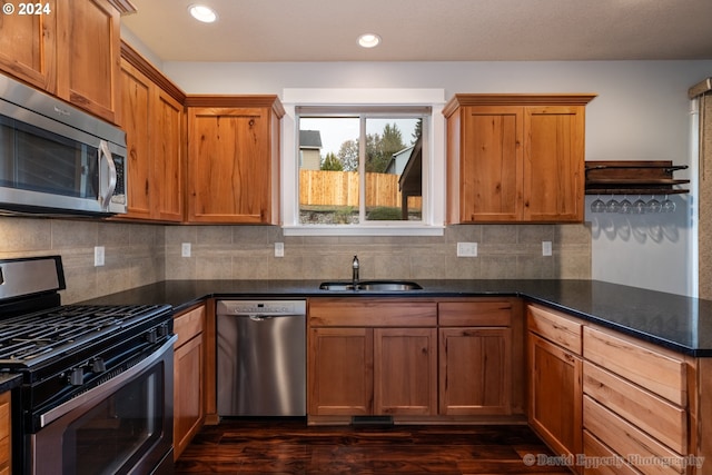 kitchen with tasteful backsplash, stainless steel appliances, dark stone counters, dark hardwood / wood-style flooring, and sink