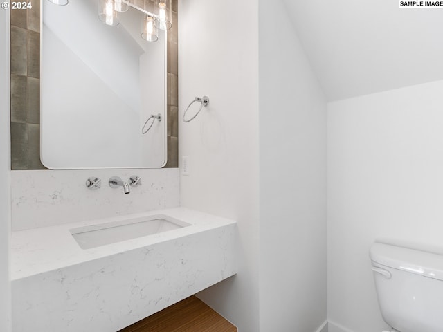 bathroom with vanity, toilet, wood-type flooring, and lofted ceiling