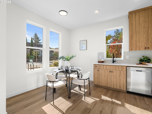 kitchen with tasteful backsplash, stainless steel dishwasher, sink, and light wood-type flooring