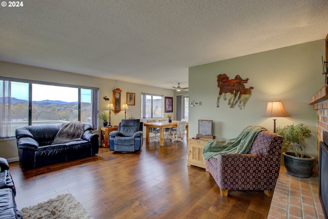 living room with a mountain view, a textured ceiling, and hardwood / wood-style flooring