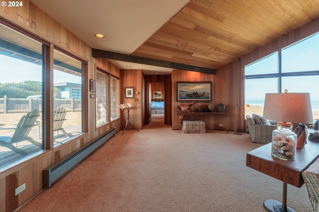 interior space with wood ceiling, baseboard heating, and vaulted ceiling