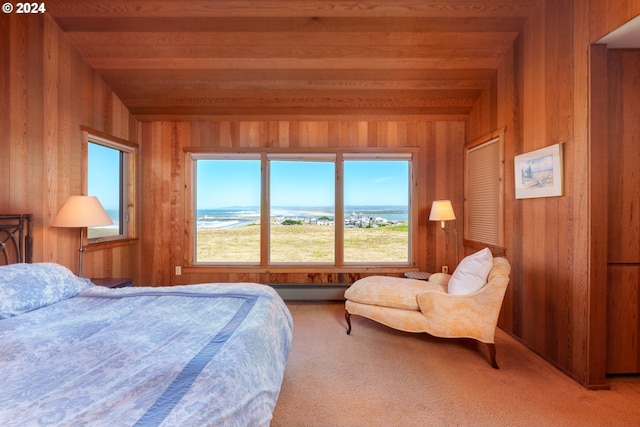 carpeted bedroom with a water view, beam ceiling, wooden walls, and baseboard heating