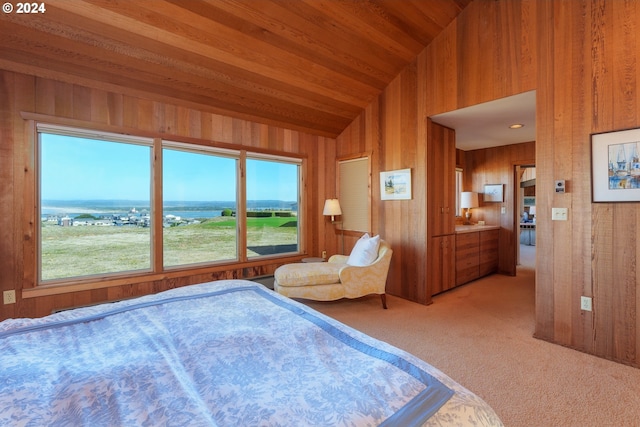 bedroom featuring lofted ceiling, wood walls, carpet flooring, and wood ceiling