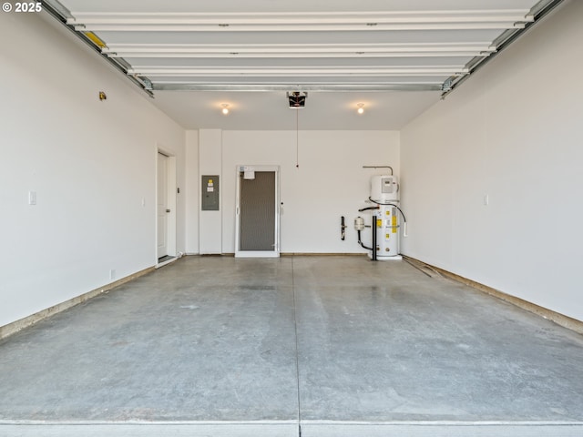 garage with secured water heater, electric panel, and a garage door opener