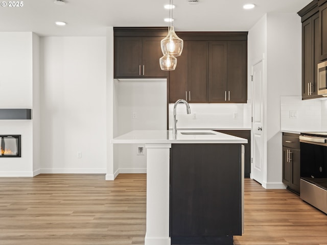 kitchen with light wood-style flooring, dark brown cabinetry, a sink, appliances with stainless steel finishes, and a glass covered fireplace