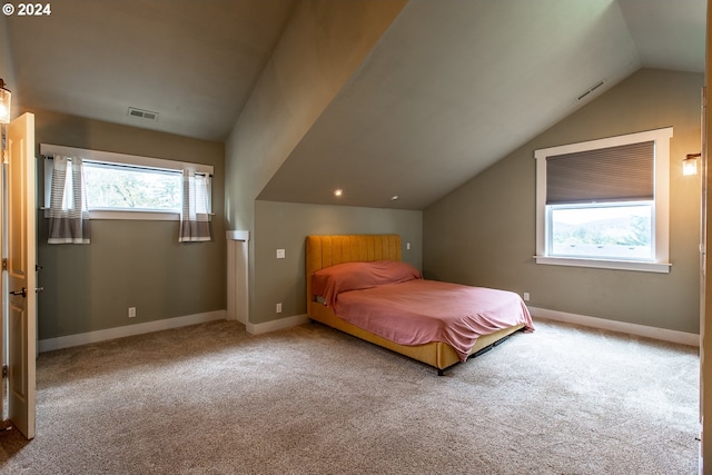 unfurnished bedroom featuring lofted ceiling and carpet