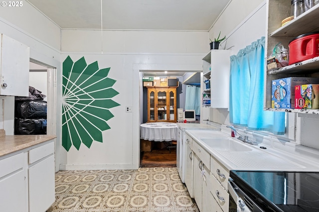 kitchen with white cabinetry, stainless steel electric range oven, and sink