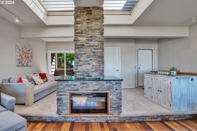 living room featuring a skylight, a fireplace, track lighting, and hardwood / wood-style floors