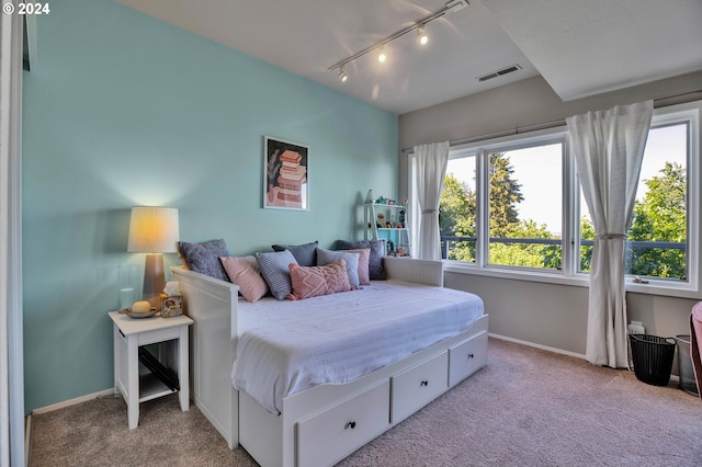 bedroom with carpet and rail lighting