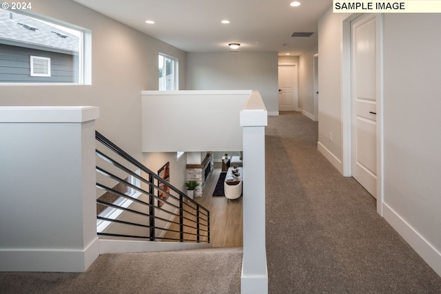 stairway featuring carpet