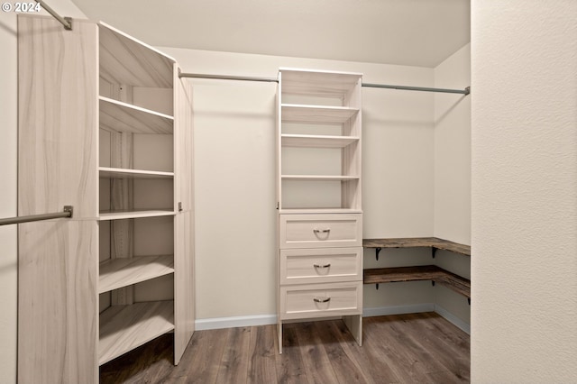 walk in closet with dark hardwood / wood-style flooring