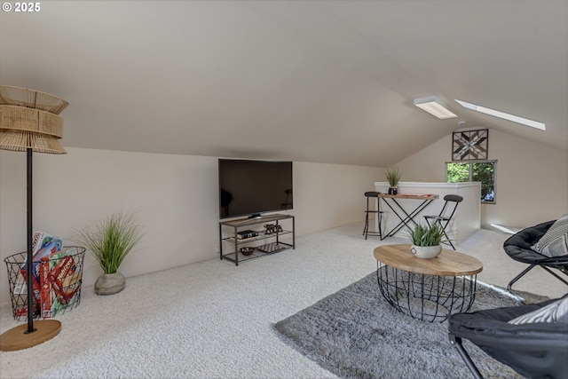 3329 SE Steele St, Portland, OR 97202 - living room featuring carpet floors, a skylight, and lofted ceiling