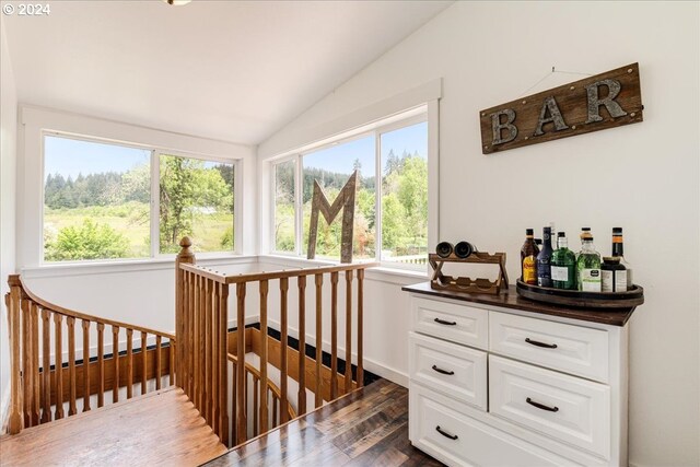 interior space with vaulted ceiling and dark hardwood / wood-style floors