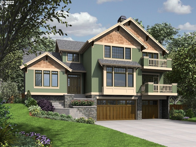 craftsman-style house featuring a balcony, a front yard, and a garage