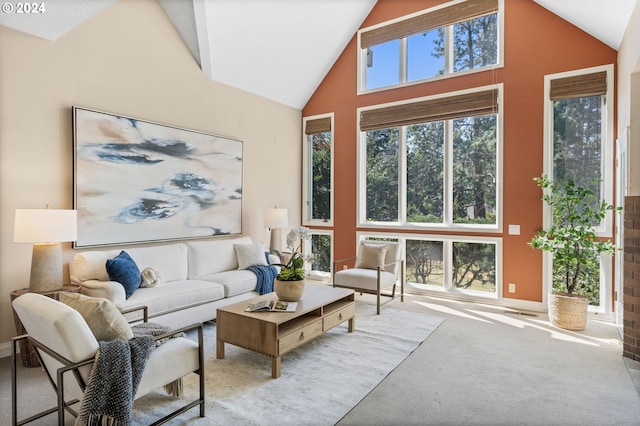 living room featuring carpet floors and high vaulted ceiling