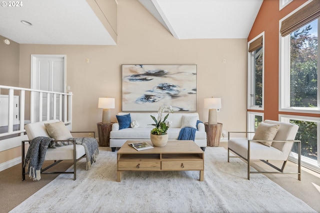 sitting room featuring lofted ceiling and light colored carpet