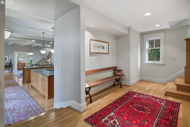 interior space featuring a wealth of natural light, light hardwood / wood-style floors, and beamed ceiling