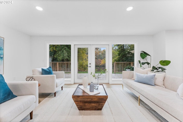 living room with french doors and light wood-type flooring