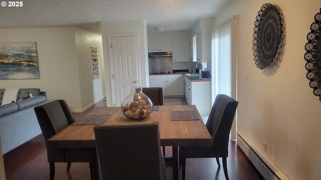 dining room with baseboards, dark wood finished floors, and baseboard heating