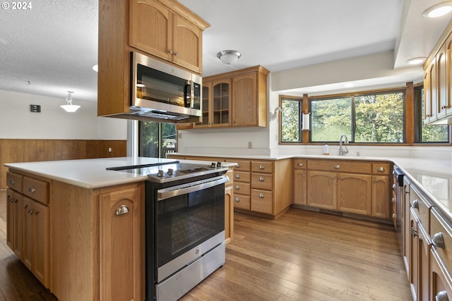 kitchen with stainless steel appliances, a wealth of natural light, light wood finished floors, and a sink