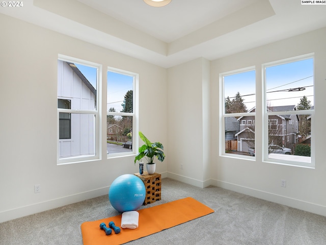 workout room featuring light colored carpet and a tray ceiling